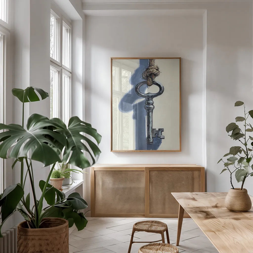 Antique Mystery Key by Kate Jarvik Birch. shown as a print in a natural wood frame in a dining room. Available as a archival giclee rolled canvas, fine art paper, or poster print. SKU 102975h.