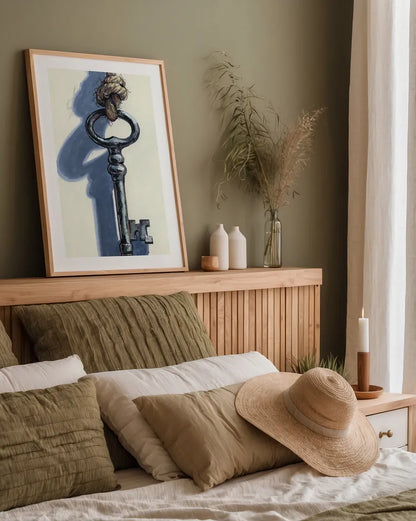 Antique Mystery Key by Kate Jarvik Birch. shown as a paper print in a natural frame. Available as a archival giclee rolled canvas, fine art paper, or poster print. SKU 102975h.