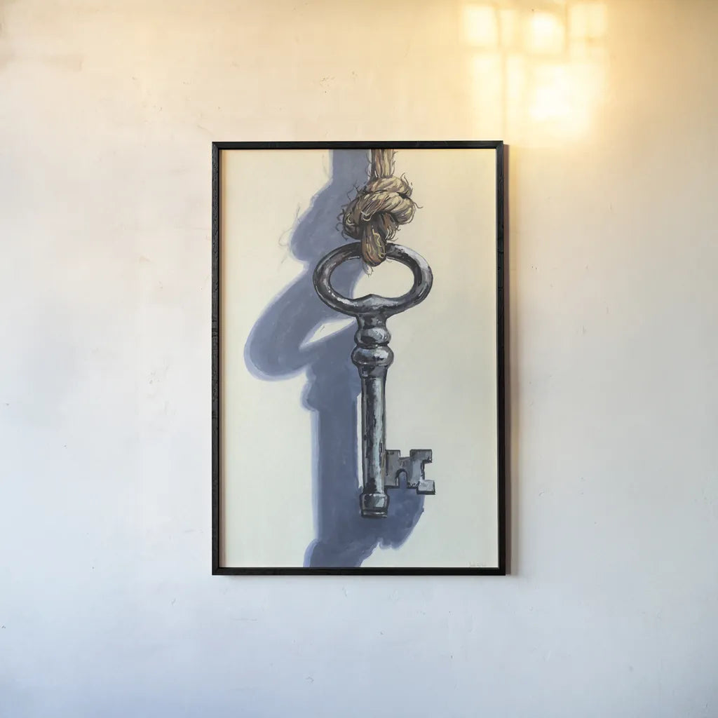 Antique Mystery Key by Kate Jarvik Birch. shown as a paper print in a black flame. Available as a archival giclee rolled canvas, fine art paper, or poster print. SKU 102975h.