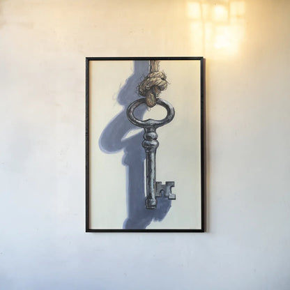 Antique Mystery Key by Kate Jarvik Birch. shown as a paper print in a black flame. Available as a archival giclee rolled canvas, fine art paper, or poster print. SKU 102975h.