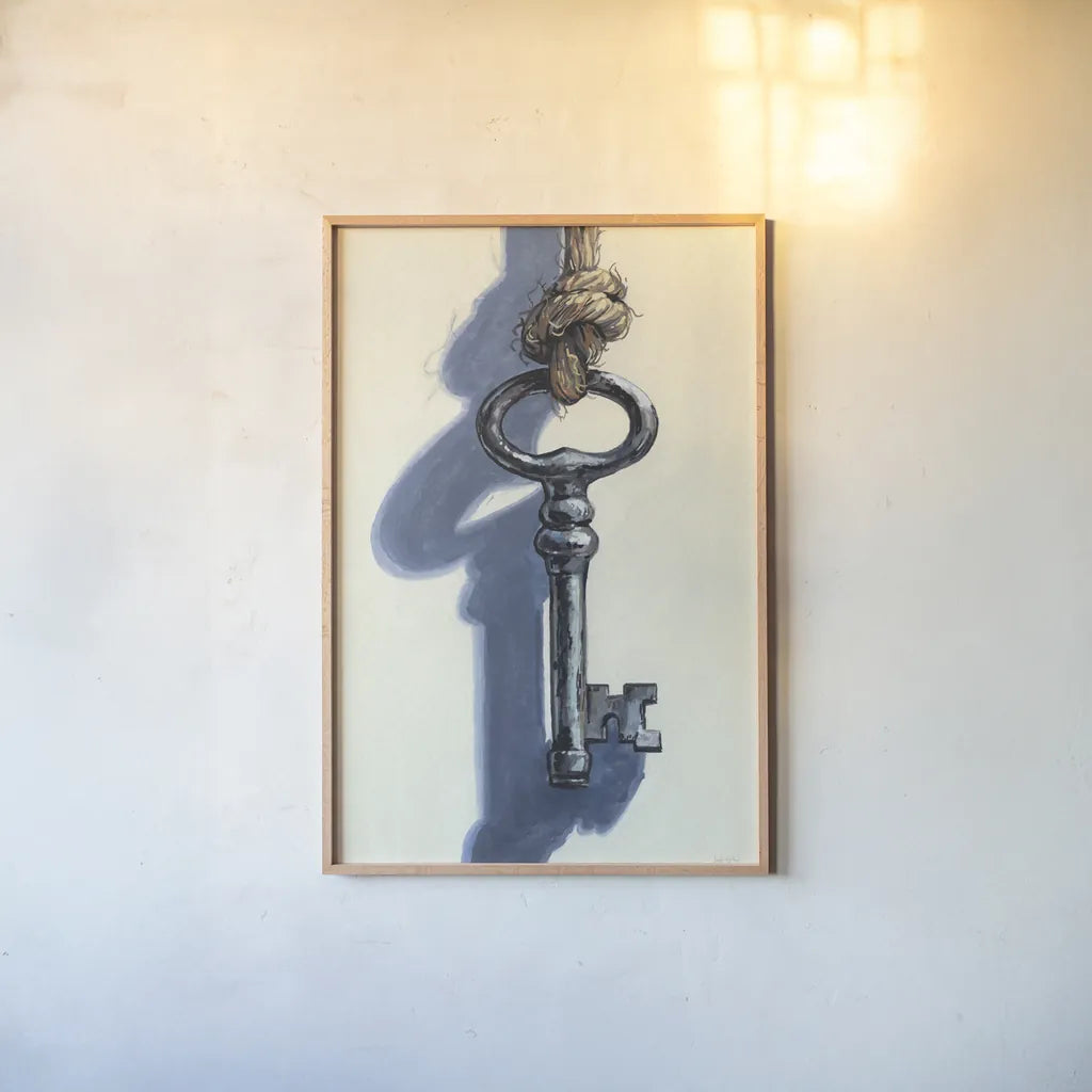 Antique Mystery Key by Kate Jarvik Birch. shown as a paper print in a natural frame. Available as a archival giclee rolled canvas, fine art paper, or poster print. SKU 102975h.