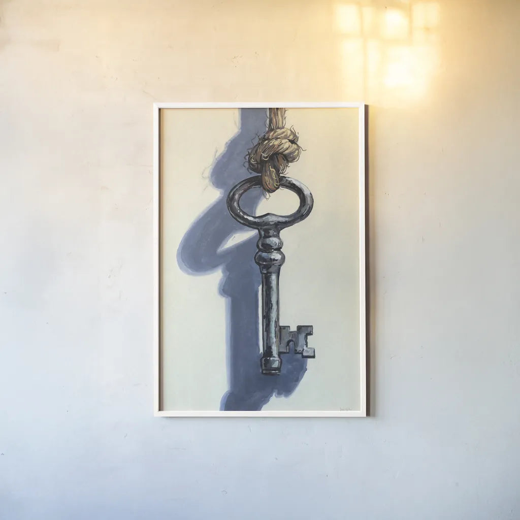 Antique Mystery Key by Kate Jarvik Birch. shown as a paper print in a white frame. Available as a archival giclee rolled canvas, fine art paper, or poster print. SKU 102975h.