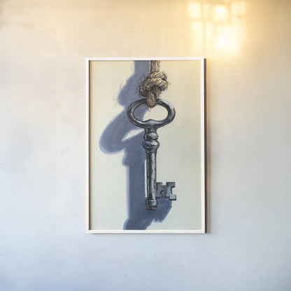 Antique Mystery Key by Kate Jarvik Birch. shown as a paper print in a white frame. Available as a archival giclee rolled canvas, fine art paper, or poster print. SKU 102975h.