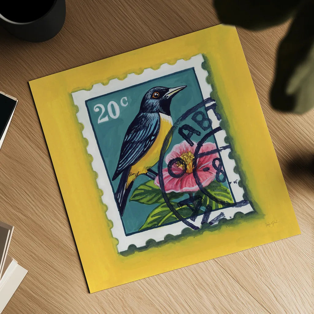 Beautiful Bird Stamp by Kate Jarvik Birch. Shown as a detailed flat fine art print, highlighting archival giclee quality. Available as an archival giclee rolled canvas, fine art paper, or poster print. SKU 98546a.