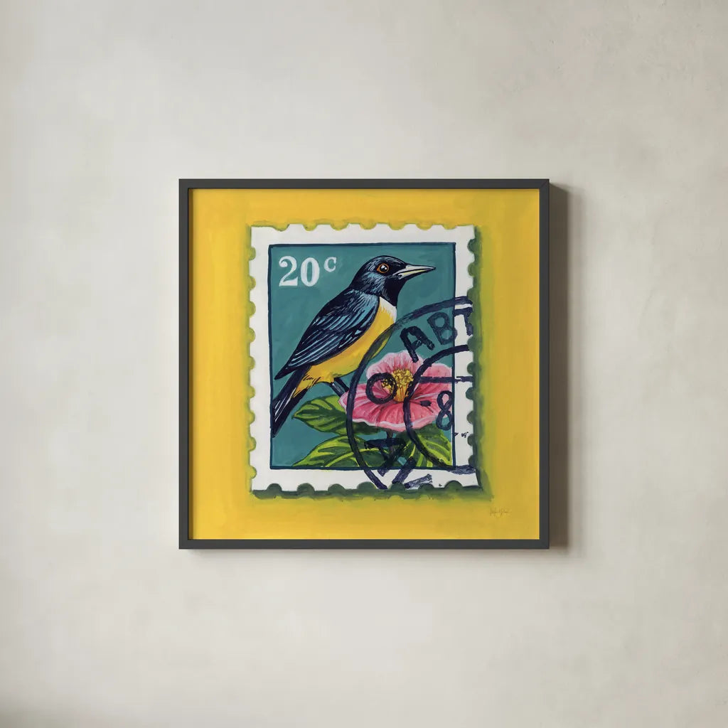 Beautiful Bird Stamp by Kate Jarvik Birch. Shown in a sleek black glass frame for a contemporary gallery look. Available as an archival giclee rolled canvas, fine art paper, or poster print. SKU 98546a.