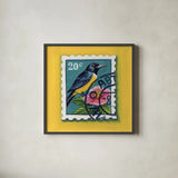 Beautiful Bird Stamp by Kate Jarvik Birch. Shown in a sleek black glass frame for a contemporary gallery look. Available as an archival giclee rolled canvas, fine art paper, or poster print. SKU 98546a.