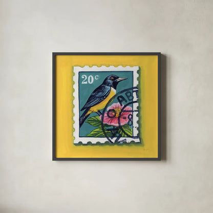 Beautiful Bird Stamp by Kate Jarvik Birch. Shown in a sleek black glass frame for a contemporary gallery look. Available as an archival giclee rolled canvas, fine art paper, or poster print. SKU 98546a.