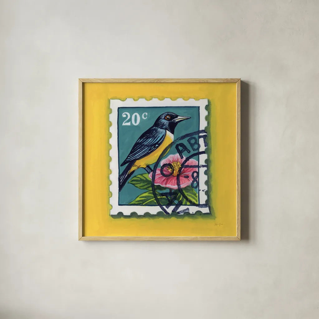 Beautiful Bird Stamp by Kate Jarvik Birch. Shown in a natural wood glass frame for a timeless modern aesthetic. Available as an archival giclee rolled canvas, fine art paper, or poster print. SKU 98546a.
