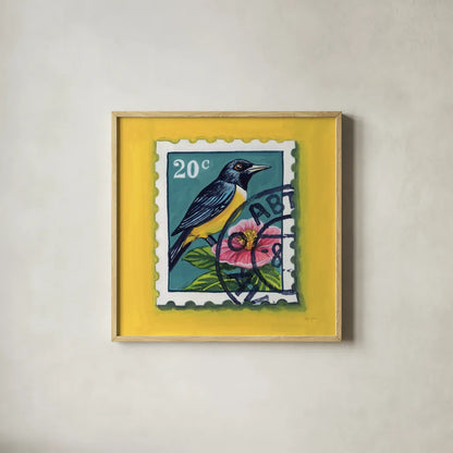Beautiful Bird Stamp by Kate Jarvik Birch. Shown in a natural wood glass frame for a timeless modern aesthetic. Available as an archival giclee rolled canvas, fine art paper, or poster print. SKU 98546a.