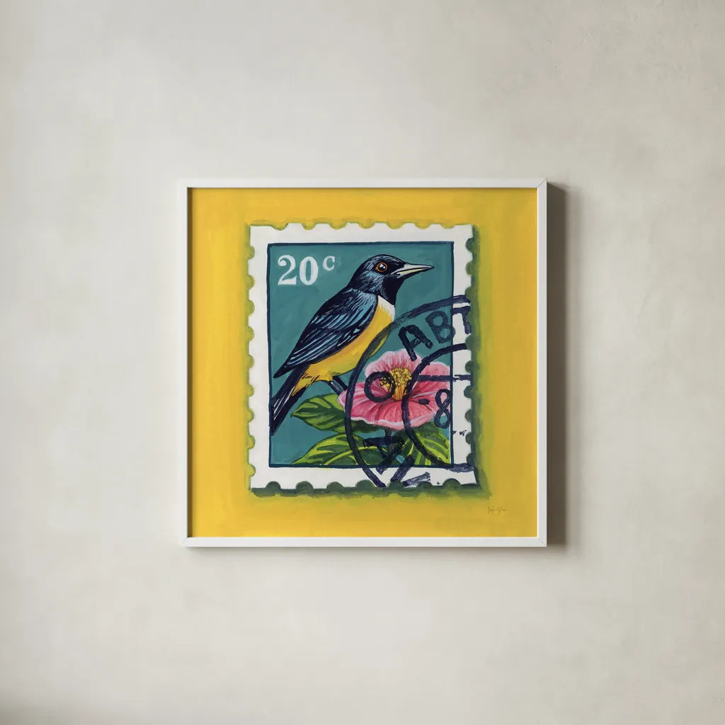 Beautiful Bird Stamp by Kate Jarvik Birch. Shown in a crisp white glass frame for a clean and minimalist style. Available as an archival giclee rolled canvas, fine art paper, or poster print. SKU 98546a.
