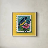 Beautiful Bird Stamp by Kate Jarvik Birch. Shown in a crisp white glass frame for a clean and minimalist style. Available as an archival giclee rolled canvas, fine art paper, or poster print. SKU 98546a.