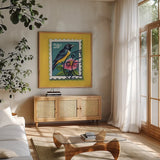 Beautiful Bird Stamp by Kate Jarvik Birch. Shown in a natural wood frame in a cozy modern living room. Available as an archival giclee rolled canvas, fine art paper, or poster print. SKU 98546a.