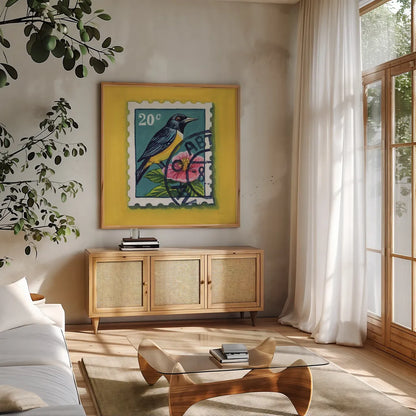 Beautiful Bird Stamp by Kate Jarvik Birch. Shown in a natural wood frame in a cozy modern living room. Available as an archival giclee rolled canvas, fine art paper, or poster print. SKU 98546a.
