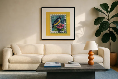 Beautiful Bird Stamp by Kate Jarvik Birch. Displayed in a glass frame with matte in a clean modern living room. Available as an archival giclee rolled canvas, fine art paper, or poster print. SKU 98546a.