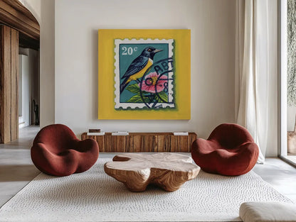 Beautiful Bird Stamp by Kate Jarvik Birch. Shown as extra-large giant wall art in a modern living room. Available as an archival giclee rolled canvas, fine art paper, or poster print. SKU 98546a.