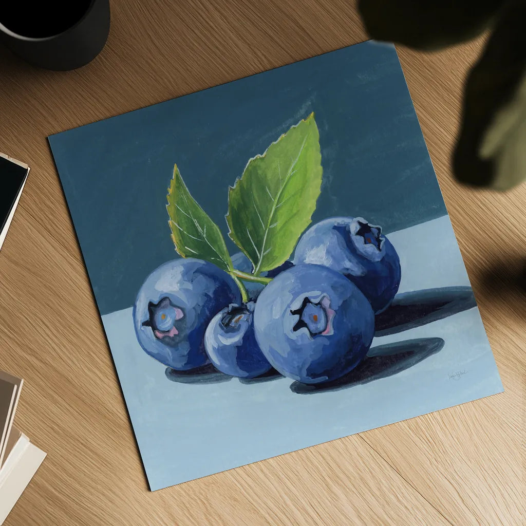 Beautiful Blueberries by Kate Jarvik Birch. Shown as a detailed flat fine art print, highlighting archival giclee quality. Available as an archival giclee rolled canvas, fine art paper, or poster print. SKU 98547a.