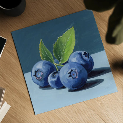 Beautiful Blueberries by Kate Jarvik Birch. Shown as a detailed flat fine art print, highlighting archival giclee quality. Available as an archival giclee rolled canvas, fine art paper, or poster print. SKU 98547a.