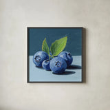 Beautiful Blueberries by Kate Jarvik Birch. Shown in a sleek black glass frame for a contemporary gallery look. Available as an archival giclee rolled canvas, fine art paper, or poster print. SKU 98547a.