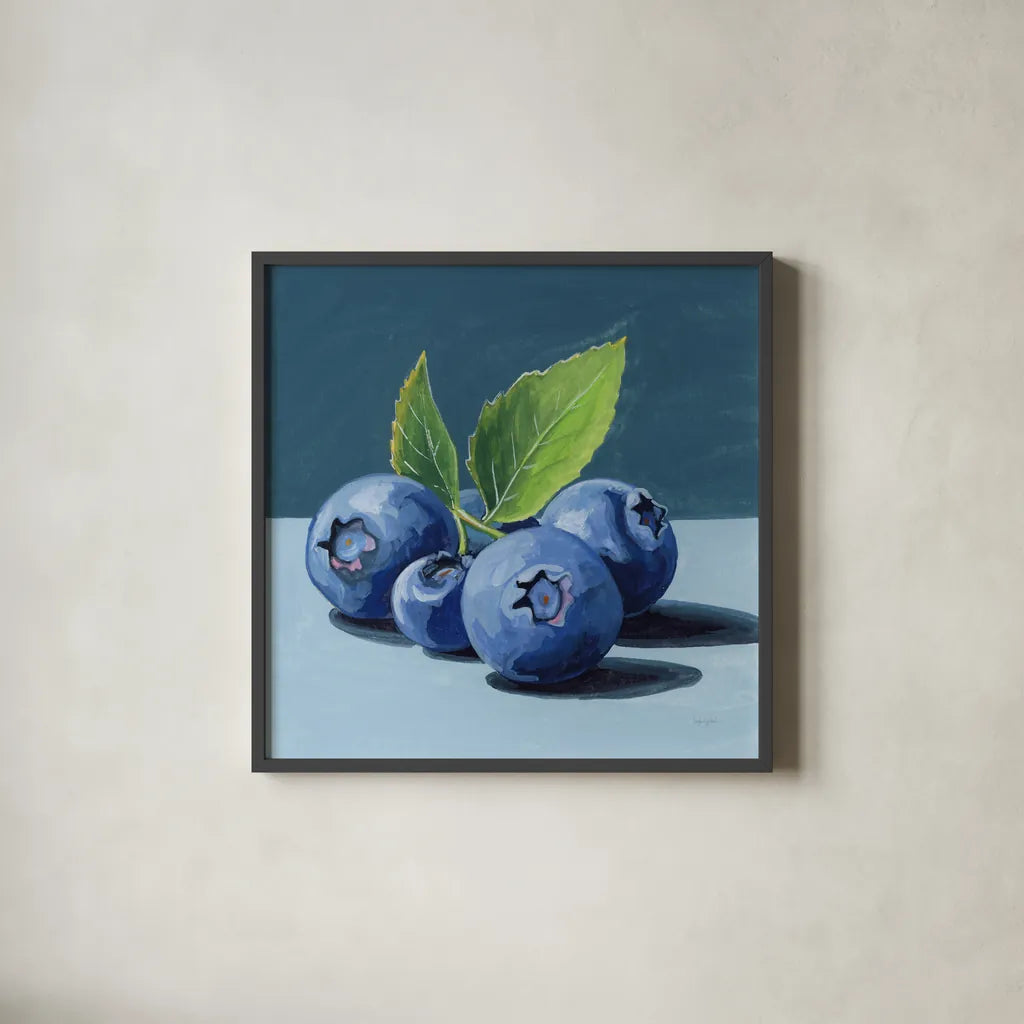Beautiful Blueberries by Kate Jarvik Birch. Shown in a sleek black glass frame for a contemporary gallery look. Available as an archival giclee rolled canvas, fine art paper, or poster print. SKU 98547a.