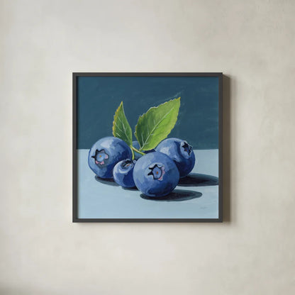 Beautiful Blueberries by Kate Jarvik Birch. Shown in a sleek black glass frame for a contemporary gallery look. Available as an archival giclee rolled canvas, fine art paper, or poster print. SKU 98547a.