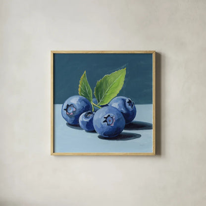 Beautiful Blueberries by Kate Jarvik Birch. Shown in a natural wood glass frame for a timeless modern aesthetic. Available as an archival giclee rolled canvas, fine art paper, or poster print. SKU 98547a.