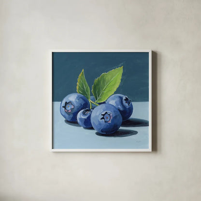 Beautiful Blueberries by Kate Jarvik Birch. Shown in a crisp white glass frame for a clean and minimalist style. Available as an archival giclee rolled canvas, fine art paper, or poster print. SKU 98547a.