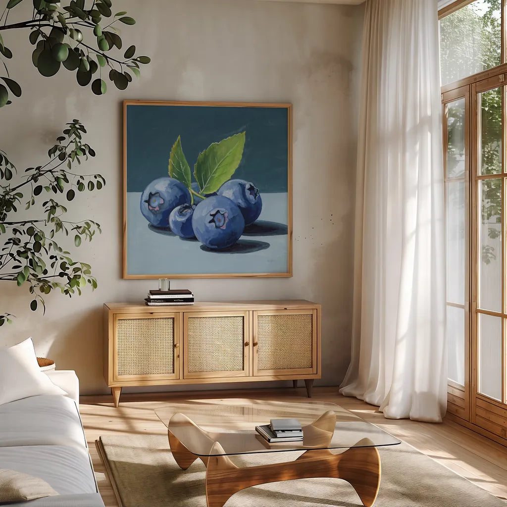 Beautiful Blueberries by Kate Jarvik Birch. Shown in a natural wood frame in a cozy modern living room. Available as an archival giclee rolled canvas, fine art paper, or poster print. SKU 98547a.