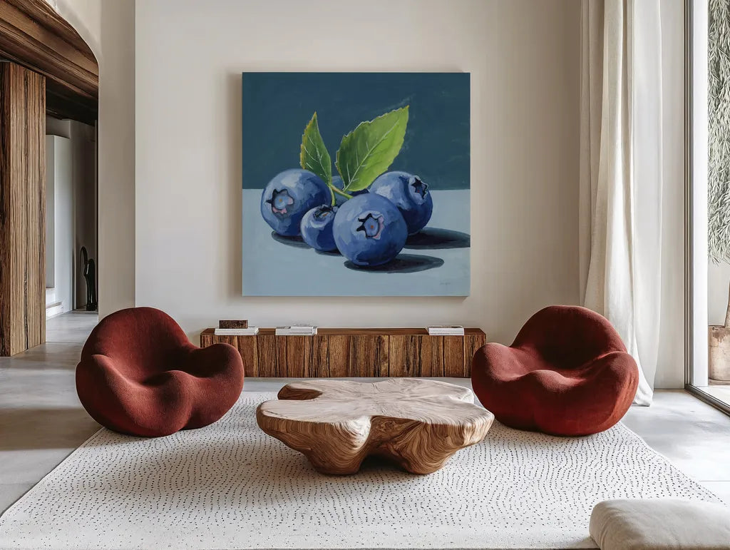 Beautiful Blueberries by Kate Jarvik Birch. Shown as extra-large giant wall art in a modern living room. Available as an archival giclee rolled canvas, fine art paper, or poster print. SKU 98547a.