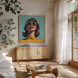 Beautiful Sunshiny Day by Kate Jarvik Birch. Shown in a natural wood frame in a cozy modern living room. Available as an archival giclee rolled canvas, fine art paper, or poster print. SKU 98588a.