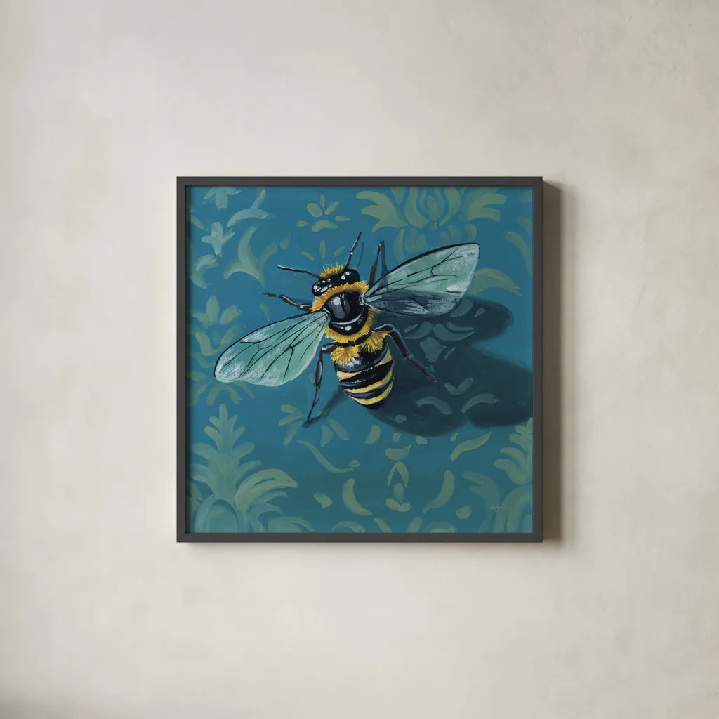Bee on The Library Wall by Kate Jarvik Birch. Shown in a sleek black glass frame for a contemporary gallery look. Available as an archival giclee rolled canvas, fine art paper, or poster print. SKU 98589a.