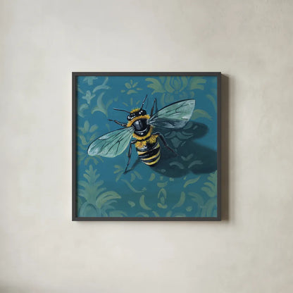 Bee on The Library Wall by Kate Jarvik Birch. Shown in a sleek black glass frame for a contemporary gallery look. Available as an archival giclee rolled canvas, fine art paper, or poster print. SKU 98589a.