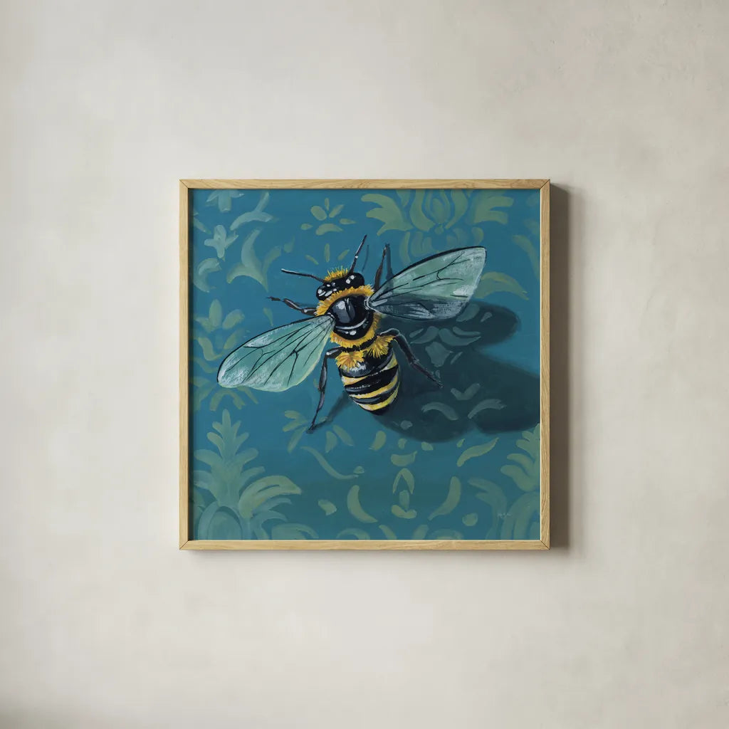 Bee on The Library Wall by Kate Jarvik Birch. Shown in a natural wood glass frame for a timeless modern aesthetic. Available as an archival giclee rolled canvas, fine art paper, or poster print. SKU 98589a.