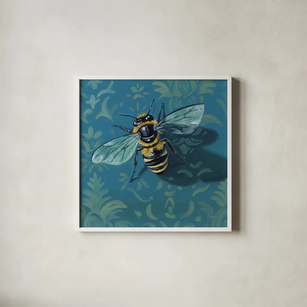 Bee on The Library Wall by Kate Jarvik Birch. Shown in a crisp white glass frame for a clean and minimalist style. Available as an archival giclee rolled canvas, fine art paper, or poster print. SKU 98589a.