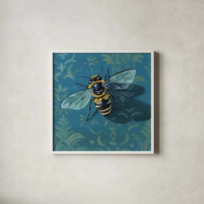 Bee on The Library Wall by Kate Jarvik Birch. Shown in a crisp white glass frame for a clean and minimalist style. Available as an archival giclee rolled canvas, fine art paper, or poster print. SKU 98589a.