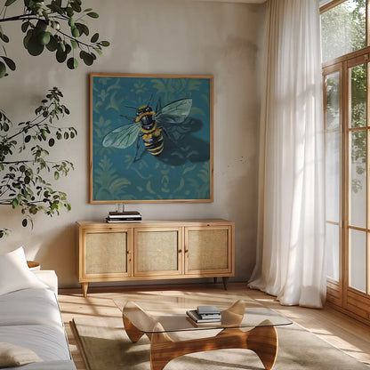 Bee on The Library Wall by Kate Jarvik Birch. Shown in a natural wood frame in a cozy modern living room. Available as an archival giclee rolled canvas, fine art paper, or poster print. SKU 98589a.