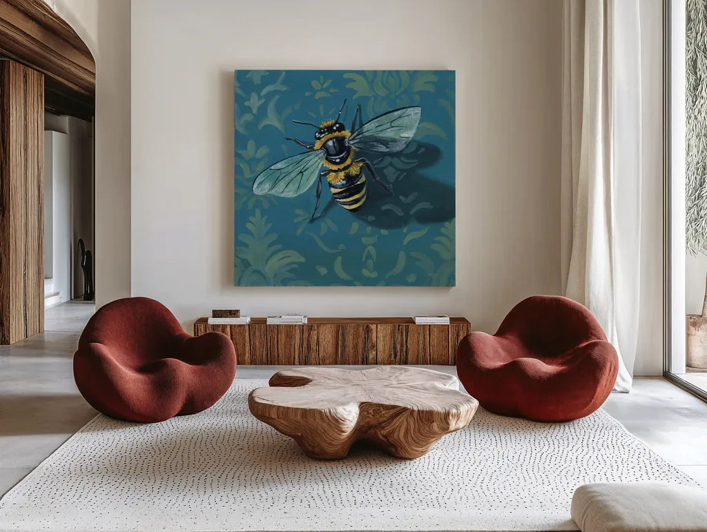 Bee on The Library Wall by Kate Jarvik Birch. Shown as extra-large giant wall art in a modern living room. Available as an archival giclee rolled canvas, fine art paper, or poster print. SKU 98589a.