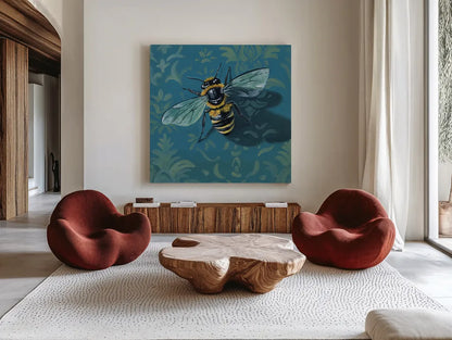 Bee on The Library Wall by Kate Jarvik Birch. Shown as extra-large giant wall art in a modern living room. Available as an archival giclee rolled canvas, fine art paper, or poster print. SKU 98589a.