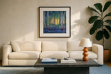 Birch Forest Flower Garden by Kate Jarvik Birch. Displayed in a glass frame with matte in a clean modern living room. Available as an archival giclee rolled canvas, fine art paper, or poster print. SKU 99739a.