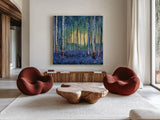 Birch Forest Flower Garden by Kate Jarvik Birch. Shown as extra-large giant wall art in a modern living room. Available as an archival giclee rolled canvas, fine art paper, or poster print. SKU 99739a.