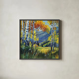 Birch Grove Early Fall by Kate Jarvik Birch. Shown in a sleek black glass frame for a contemporary gallery look. Available as an archival giclee rolled canvas, fine art paper, or poster print. SKU 101975a.