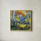 Birch Grove Early Fall by Kate Jarvik Birch. Shown in a natural wood glass frame for a timeless modern aesthetic. Available as an archival giclee rolled canvas, fine art paper, or poster print. SKU 101975a.