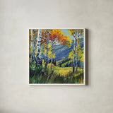 Birch Grove Early Fall by Kate Jarvik Birch. Shown in a crisp white glass frame for a clean and minimalist style. Available as an archival giclee rolled canvas, fine art paper, or poster print. SKU 101975a.