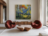 Birch Grove Early Fall by Kate Jarvik Birch. Shown as extra-large giant wall art in a modern living room. Available as an archival giclee rolled canvas, fine art paper, or poster print. SKU 101975a.