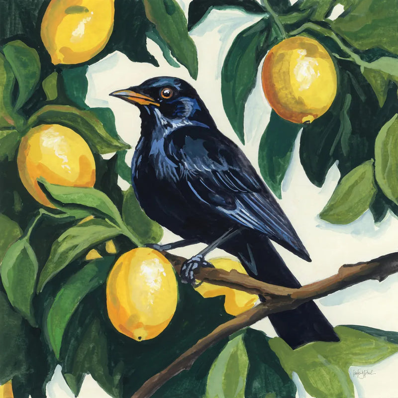 Bird with Lemon Branch by Kate Jarvik Birch. SKU 99690a. Archival Giclee Fine art print for wall decor.