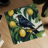 Bird with Lemon Branch by Kate Jarvik Birch. Shown as a detailed flat fine art print, highlighting archival giclee quality. Available as an archival giclee rolled canvas, fine art paper, or poster print. SKU 99690a.