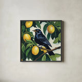 Bird with Lemon Branch by Kate Jarvik Birch. Shown in a sleek black glass frame for a contemporary gallery look. Available as an archival giclee rolled canvas, fine art paper, or poster print. SKU 99690a.