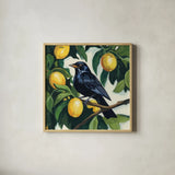 Bird with Lemon Branch by Kate Jarvik Birch. Shown in a natural wood glass frame for a timeless modern aesthetic. Available as an archival giclee rolled canvas, fine art paper, or poster print. SKU 99690a.