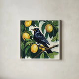 Bird with Lemon Branch by Kate Jarvik Birch. Shown in a crisp white glass frame for a clean and minimalist style. Available as an archival giclee rolled canvas, fine art paper, or poster print. SKU 99690a.