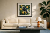Bird with Lemon Branch by Kate Jarvik Birch. Displayed in a glass frame with matte in a clean modern living room. Available as an archival giclee rolled canvas, fine art paper, or poster print. SKU 99690a.
