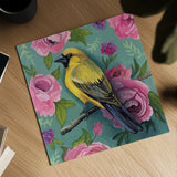 Bird with Roses by Kate Jarvik Birch. Shown as a detailed flat fine art print, highlighting archival giclee quality. Available as an archival giclee rolled canvas, fine art paper, or poster print. SKU 97152a.